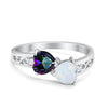 925 Sterling Silver Lab White Opal Heart Filigree Round CZ Engagement Ring