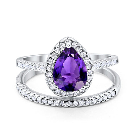 Teardrop Pear Bridal Set Wedding Engagement Ring Band 925 Sterling Silver Round Cubic Zirconia