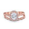 Halo Oval Bridal Set Art Deco Oval Round Cubic Zirconia Solid 925 Sterling Silver