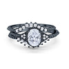 Art Deco Three Piece Bridal Set Oval Round Cubic Zirconia Wedding Engagement Ring Band 925 Sterling Silver