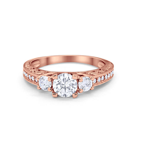 925 Sterling Silver Art Deco Vintage Style Three Stone CZ Engagement Ring