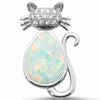 925 Sterling Silver Created Opal Cat Charm Round CZ Pendant