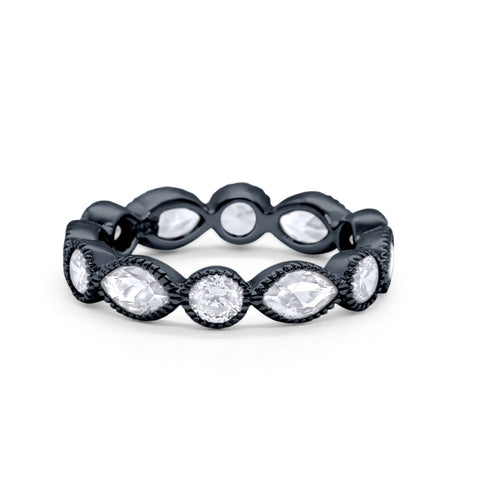 4mm Eternity Style Art Deco Band Ring Marquise Round Cubic Zirconia 925 Sterling Silver