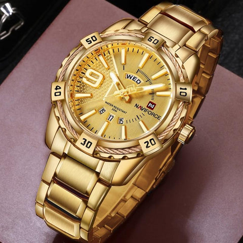 Gold Full Steel Quartz Waterproof Military Clock