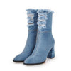 Denim Thick High Heels With Fashion Pointed Toe Lady Ripped Shoes For Women