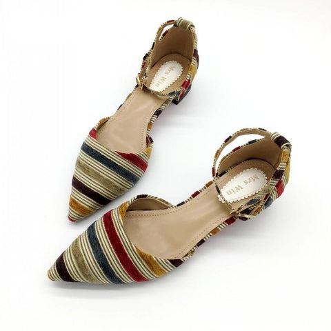 Women Fashion Pumps Stripe Shallow Square Heel Buckle Strap Summer Work Shoes