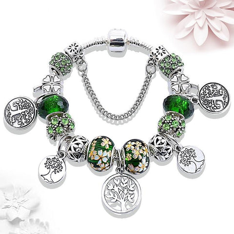925 Sterling Silver Tree of Life Green Leaf Floral Crystal Charms Bracelet For Women