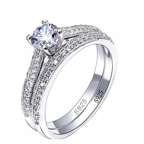 2Pcs 925 Silver Simulated Round CZ Engagement Wedding Ring Set for Women