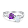 925 Sterling Silver Lab White Opal Heart Filigree Round CZ Engagement Ring