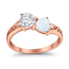 925 Sterling Silver Lab White Opal Heart Filigree Round CZ Engagement Ring