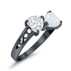 925 Sterling Silver Lab White Opal Heart Filigree Round CZ Engagement Ring