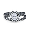 Halo Oval Bridal Set Art Deco Oval Round Cubic Zirconia Solid 925 Sterling Silver