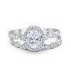 Halo Oval Bridal Set Art Deco Oval Round Cubic Zirconia Solid 925 Sterling Silver