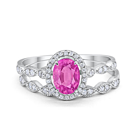 Halo Oval Bridal Set Art Deco Oval Round Cubic Zirconia Solid 925 Sterling Silver