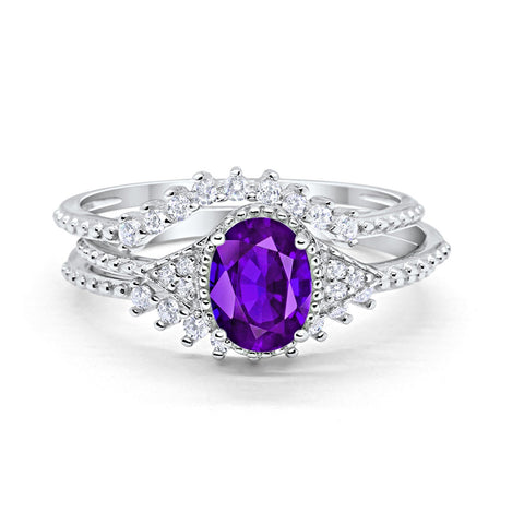 Art Deco Three Piece Bridal Set Oval Round Cubic Zirconia Wedding Engagement Ring Band 925 Sterling Silver