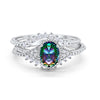 Art Deco Three Piece Bridal Set Oval Round Cubic Zirconia Wedding Engagement Ring Band 925 Sterling Silver