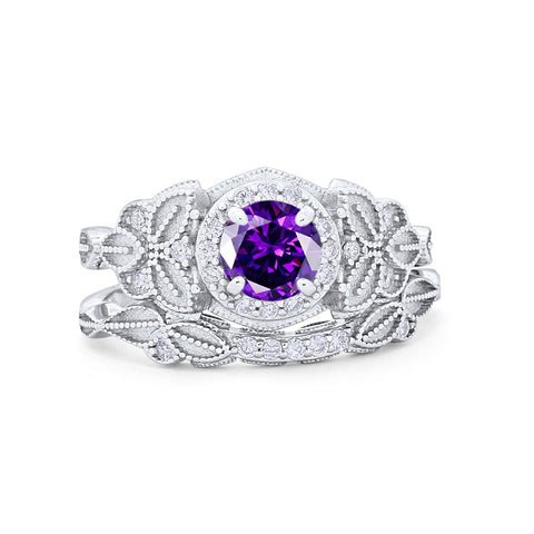 925 Sterling Silver Art Deco Vintage Style Bridal Set Round CZ Band Ring