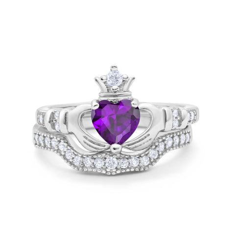 925 Sterling Silver Two Piece Claddagh Bridal Set Cubic Zirconia Heart Ring