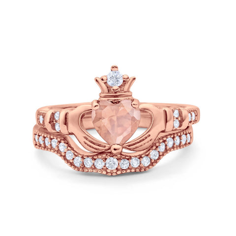 925 Sterling Silver Two Piece Claddagh Bridal Set Cubic Zirconia Heart Ring