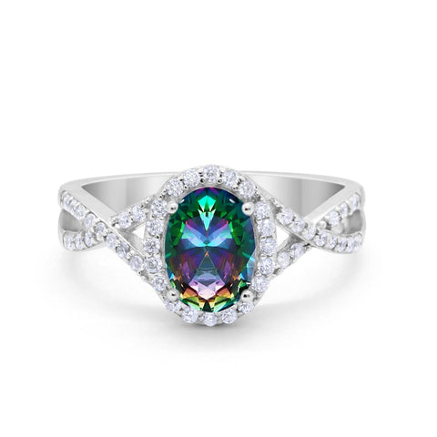 925 Sterling Silver Oval Cubic Zirconia Infinity Shank Art Deco Halo Ring