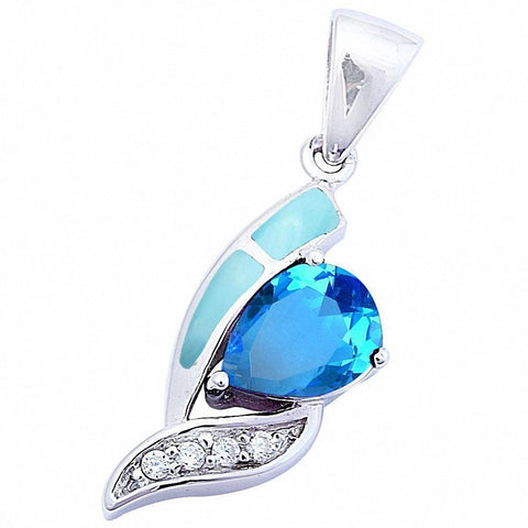925 Sterling Silver Teardrop Pear Simulated Blue Topaz Round CZ Pendant
