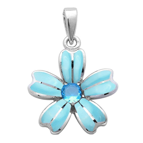 925 Sterling Silver Blue Opal Round Simulated Amethys Flower Pendant