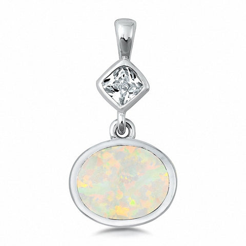 925 Sterling Silver Created Opal Square Princess Cut CZ Dangling Pendant