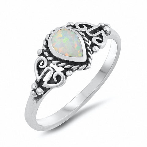 925 Sterling Silver Filigree Teardrop Pear Created Blue Opal Wedding Ring