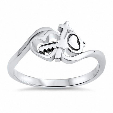 925 Sterling Silver Heart Cross Key Anniversary Ring Band