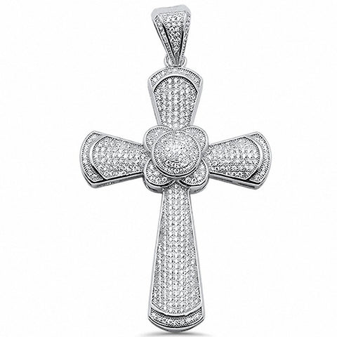 925 Sterling Silver Round Pave CZ Hip Hop Cross Flower Pendant