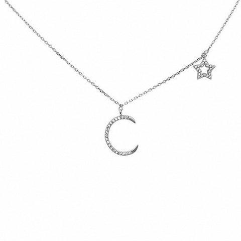 925 Sterling Silver Round CZ Dangling Star Moon Necklace Pendant