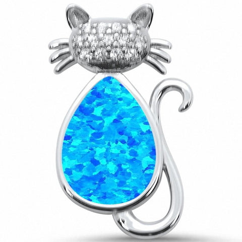 925 Sterling Silver Created Opal Cat Charm Round CZ Pendant