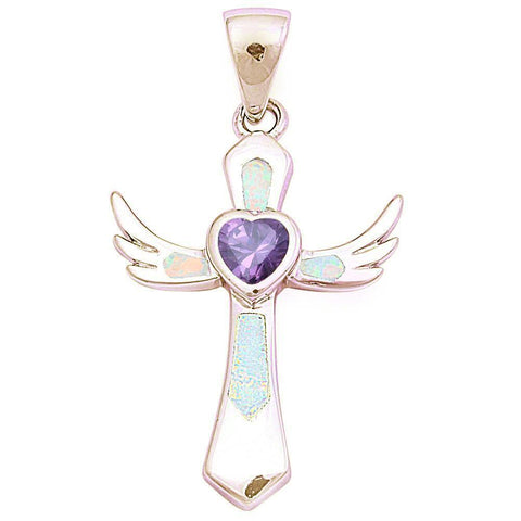 925 Sterling Silver Created Blue Opal Heart Simualted Amethyst Pendant