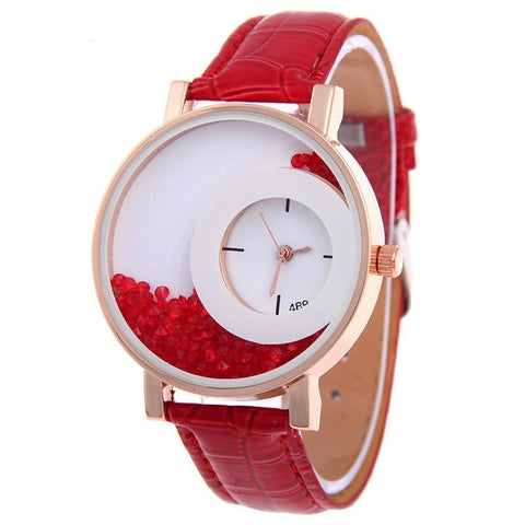 New Design Leather Strap Wrist Watch With Crystal Solid Color For Women