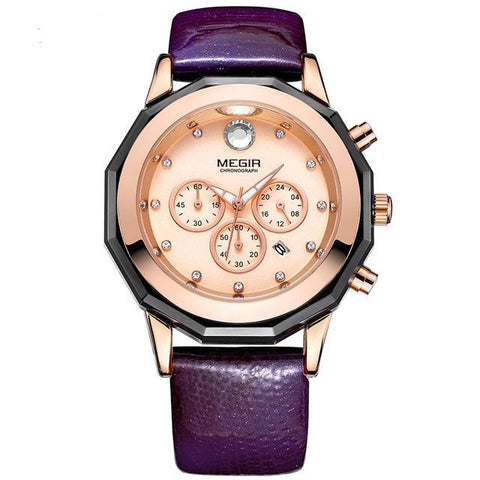Chronograph Red Leather Strap with Luminous Hands Waterproof Wrist Watch For Woman