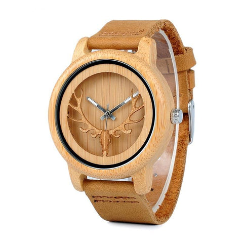 Hollow Deer Head Bamboo Design Wood Casual Watch For Men & Women
