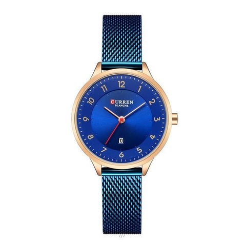 New Style Stainless Steel Gold Round Watch For Women With Blue Color