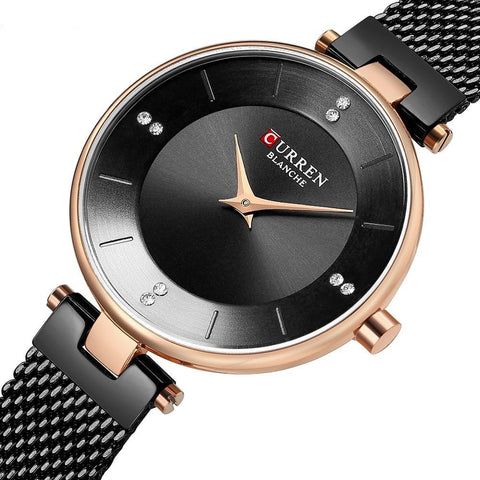 Classic Black Steel Mesh Wrist Watch For Women