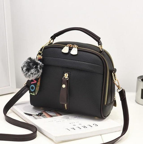 PU Leather Cross-body Shoulder Handbag With Fur Ball