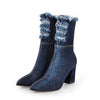 Denim Thick High Heels With Fashion Pointed Toe Lady Ripped Shoes For Women