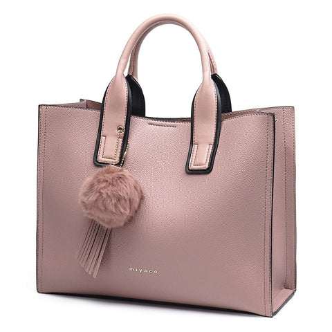 Premium Quality PU Leather Tote Handbag with Fur Ball