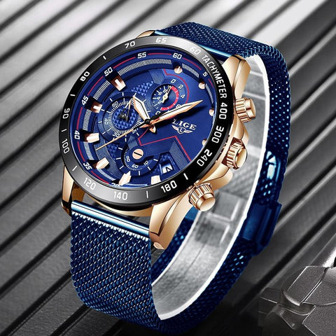 Blue Casual Mesh Belt Fashion Quartz Gold Watch
