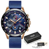 Blue Casual Mesh Belt Fashion Quartz Gold Watch