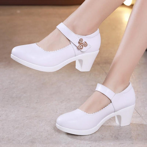 Block Heels Platform Pumps Women Rhinestone Square Heel Office Shoes