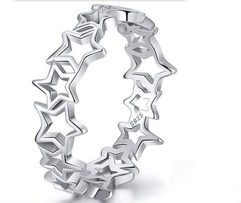 100%  Real  925 Sterling Silver Hollowed Star Patchwork Women Finger Ring